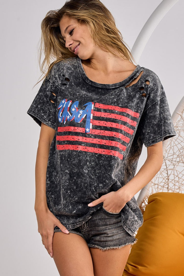 BiBi US Flag Washed Laser Cut T-Shirt | Trendsi