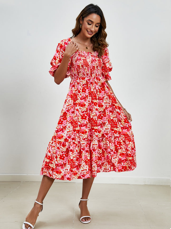 Smocked Floral Square Neck Short Sleeve Dress | Trendsi