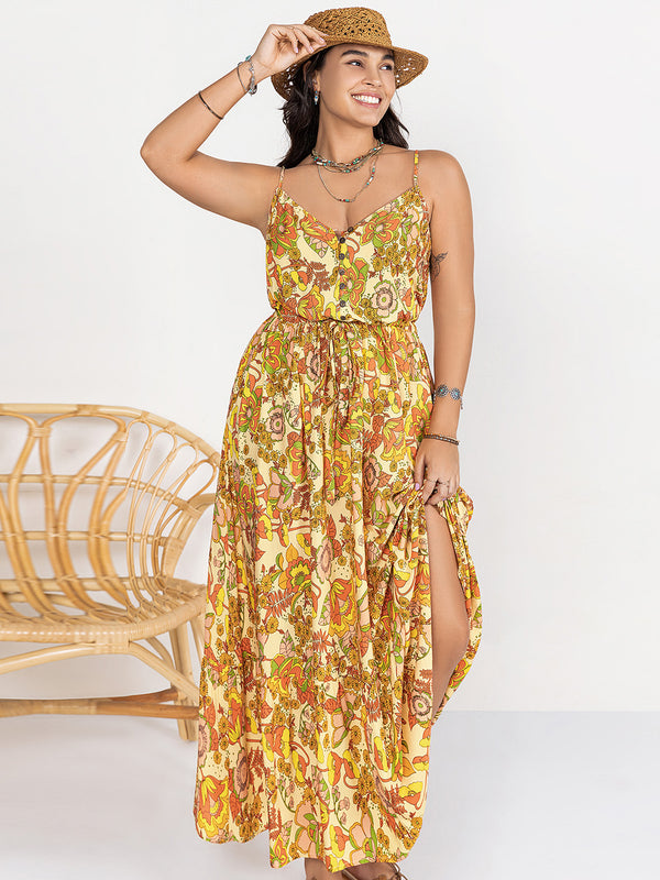 Plus Size Printed V-Neck Maxi Cami Dress | Trendsi