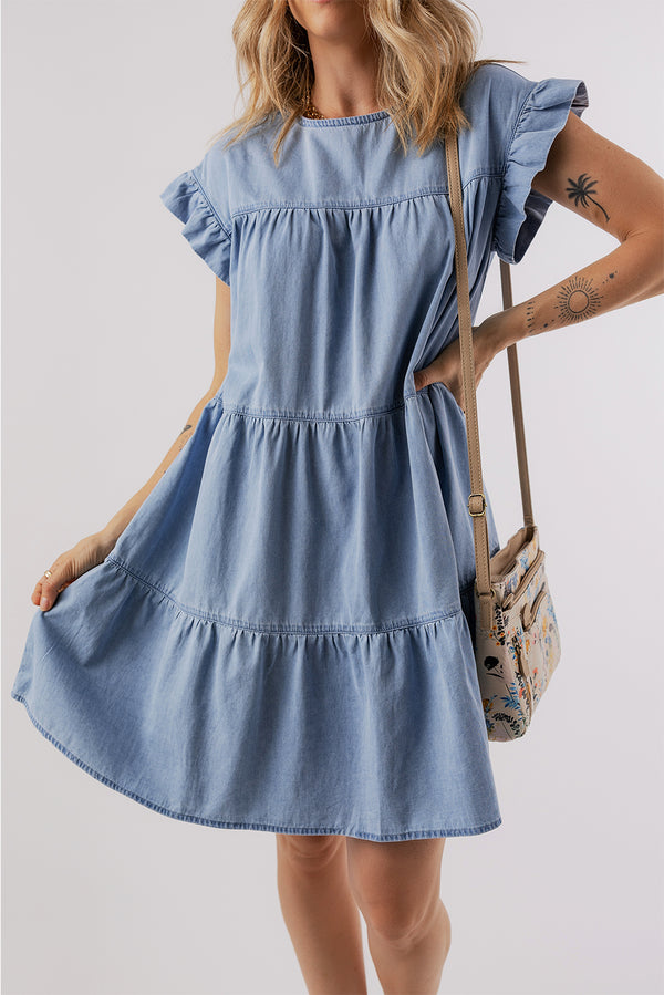 Ruffled Round Neck Cap Sleeve Denim Dress | Trendsi