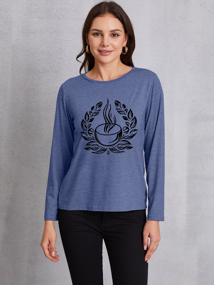 Coffee Graphic Round Neck Long Sleeve T-Shirt | Trendsi