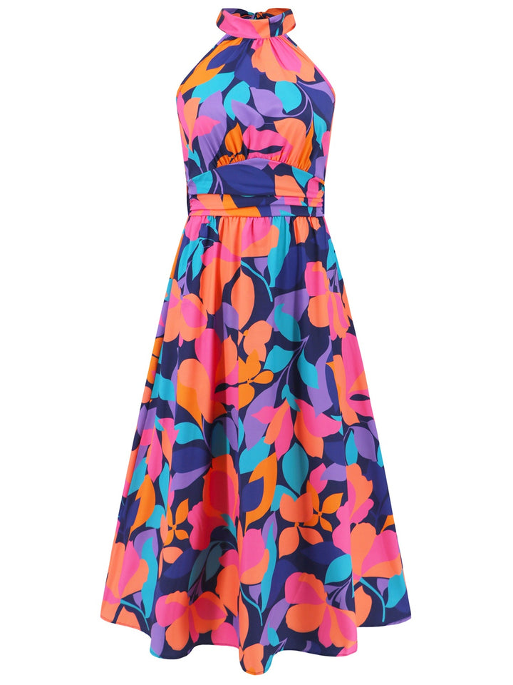 Ruched Printed Halter Neck Sleeveless Dress | Trendsi