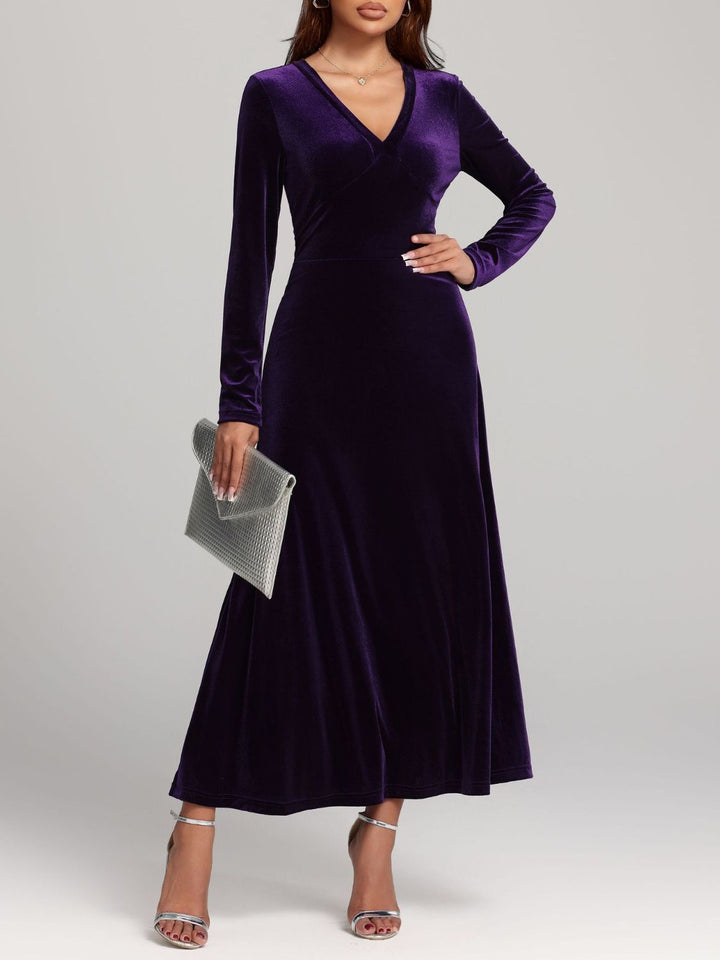 V-Neck Long Sleeve Velvet Dress | Trendsi