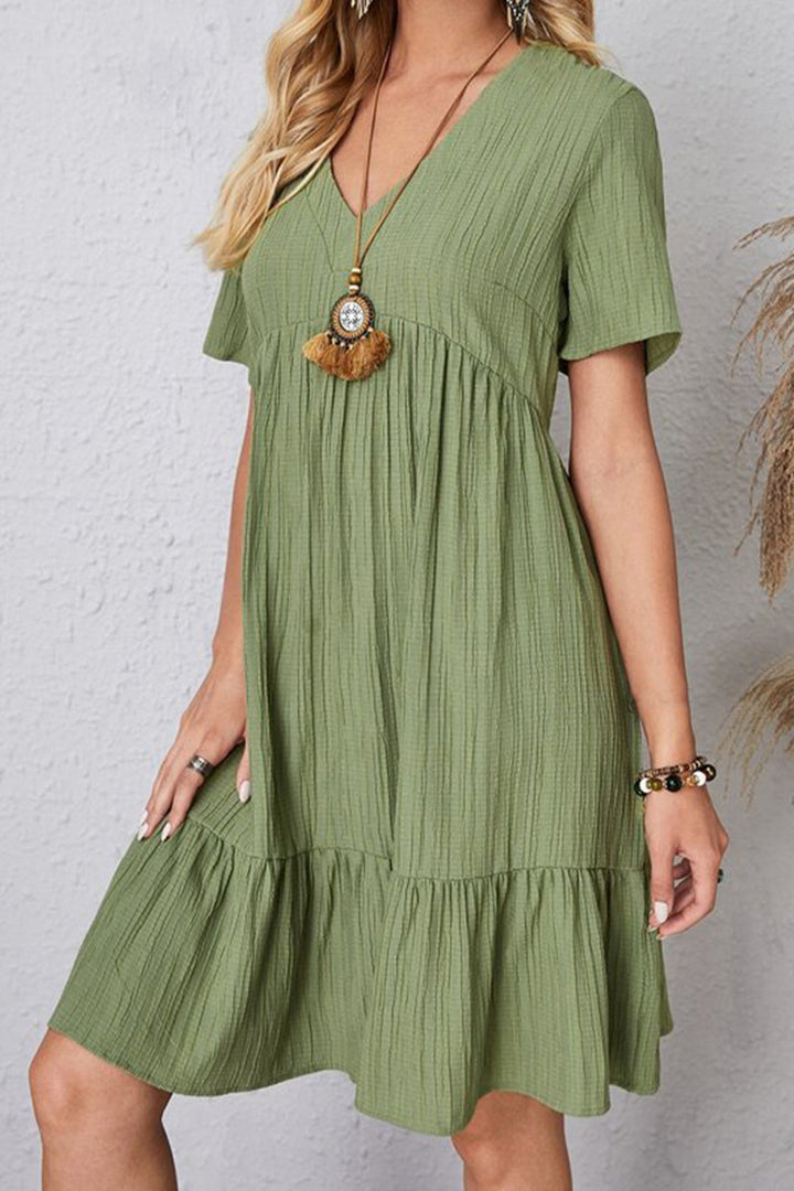 Full Size Ruched V-Neck Short Sleeve Dress | Trendsi