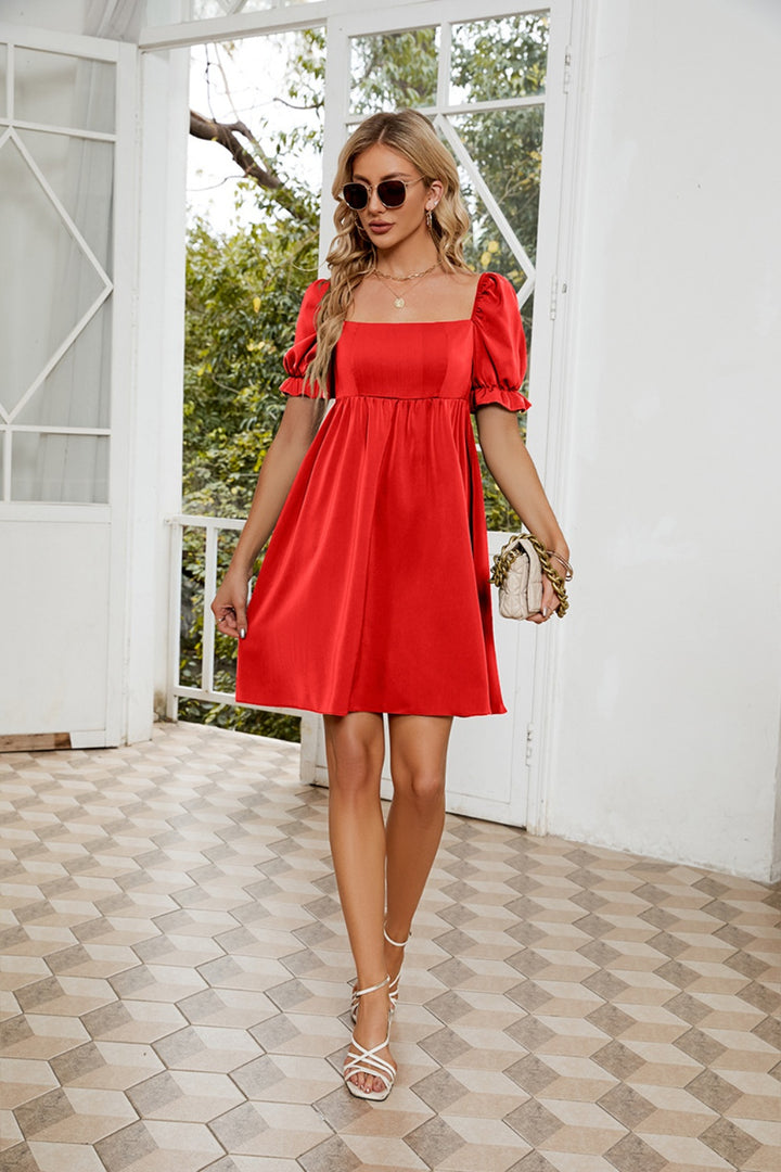 Ruched Square Neck Flounce Sleeve Mini Dress | Trendsi