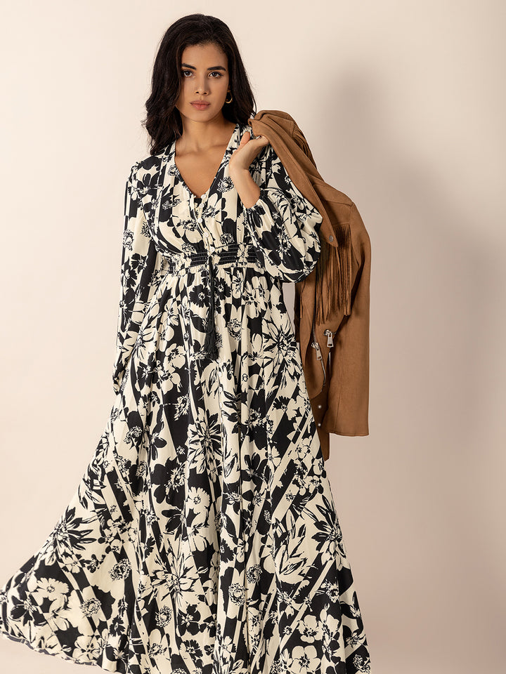 Tied Printed V-Neck Long Sleeve Midi Dress | Trendsi