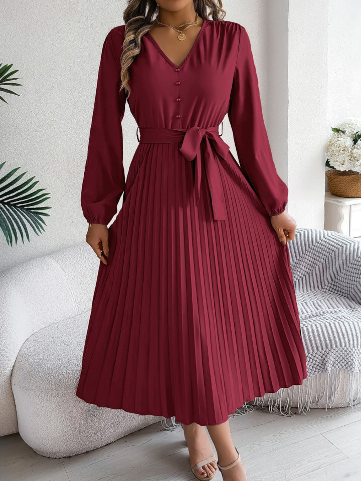 Pleated Tied V-Neck Long Sleeve Dress | Trendsi