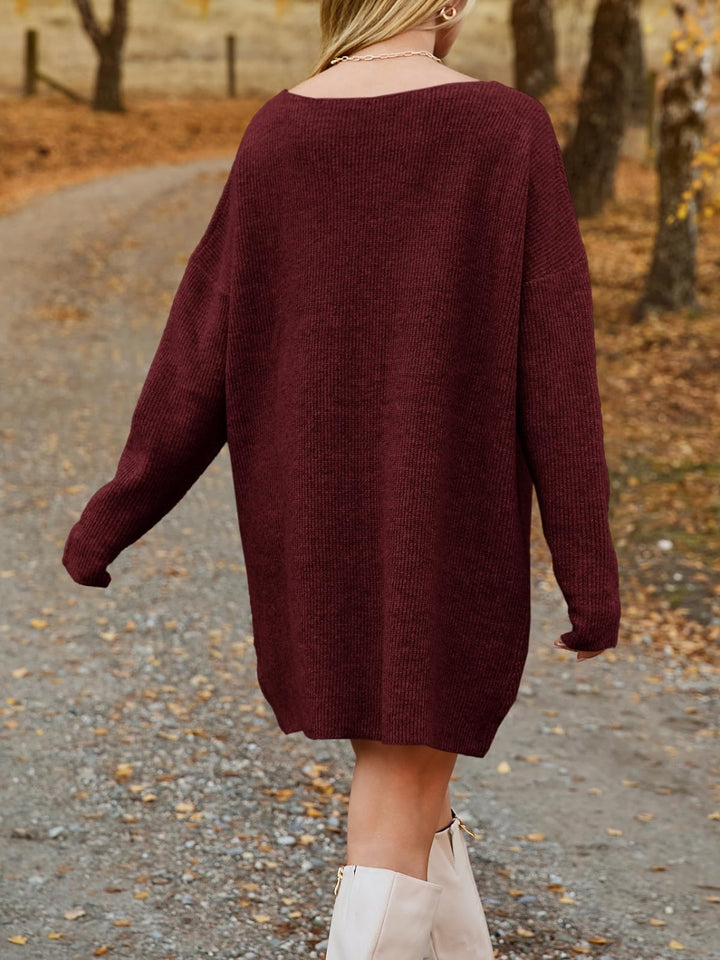 V-Neck Dropped Shoulder Sweater Dress | Trendsi