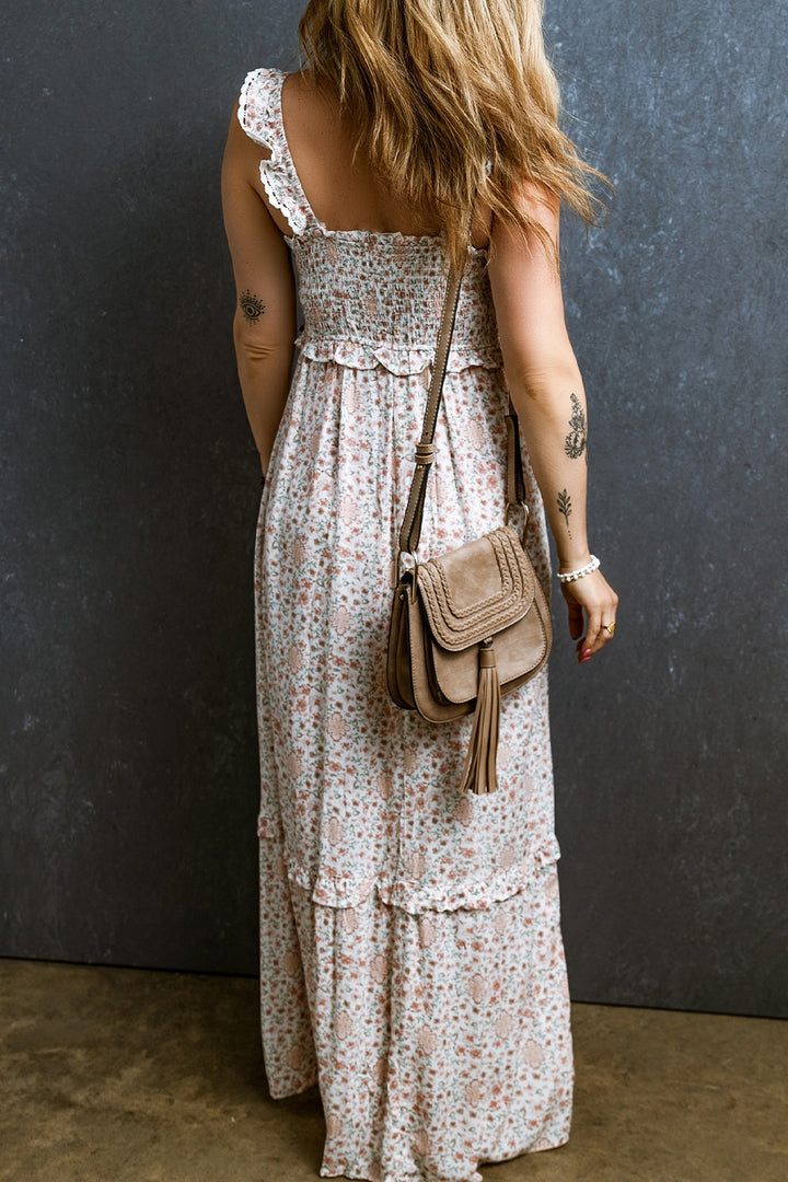 Ruffled Smocked Printed Sleeveless Maxi Dress | Trendsi