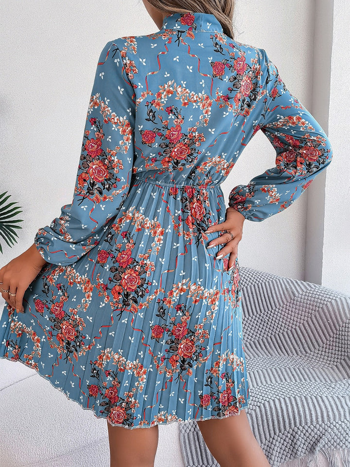 Pleated Printed Tie Neck Long Sleeve Dress | Trendsi