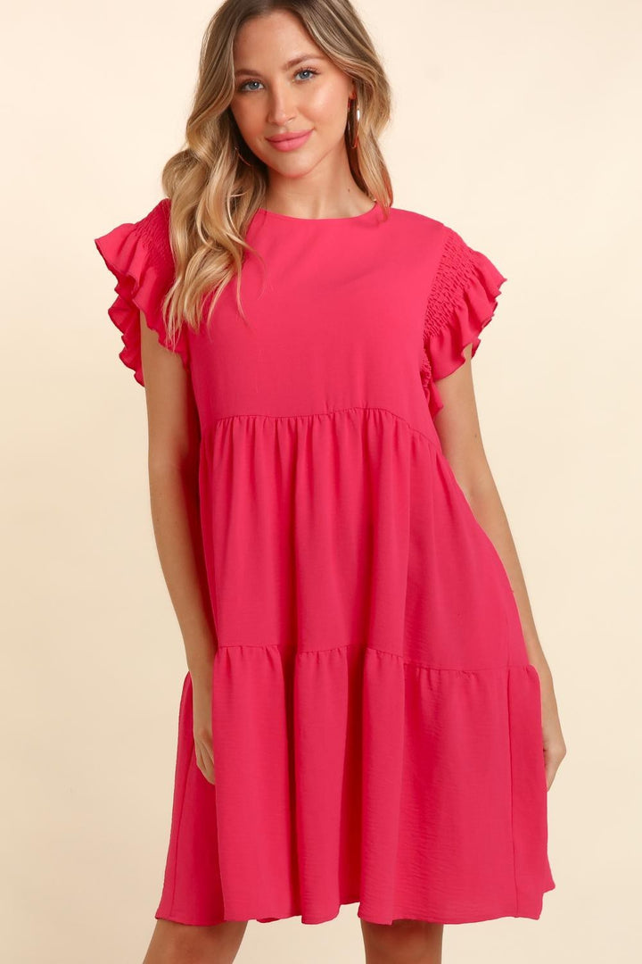 Haptics Full Size Smocking Ruffle Short Sleeve Dress with Pockets | Trendsi