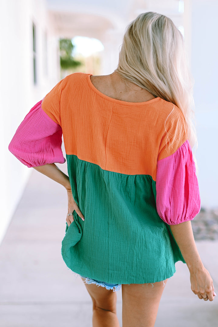 Color Block V-Neck Babydoll Blouse | Trendsi