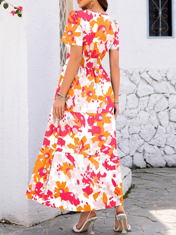 Smocked Printed Short Sleeve Midi Dress | Trendsi