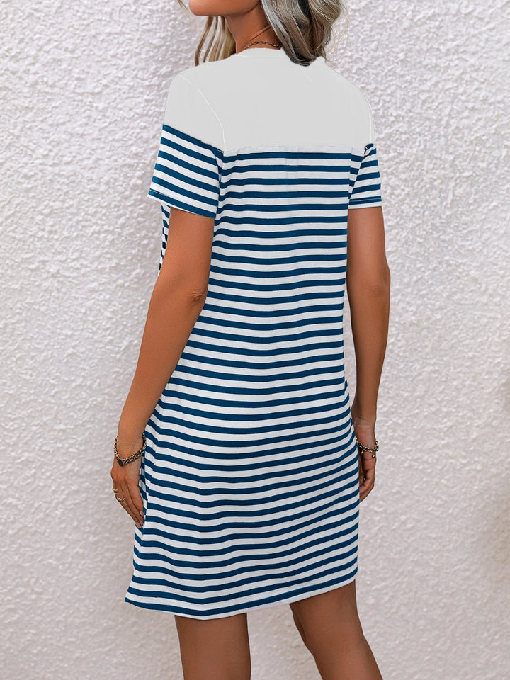 Striped Round Neck Short Sleeve Mini Tee Dress | Trendsi