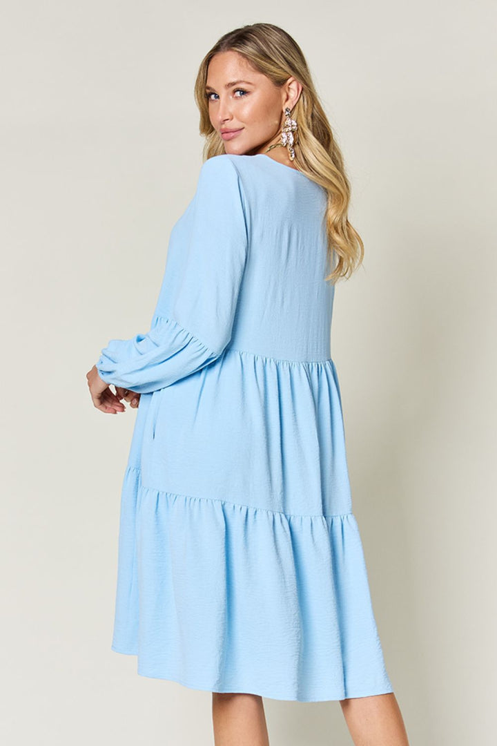 Double Take Full Size V-Neck Balloon Sleeve Tiered Dress | Trendsi