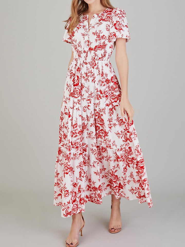 Tiered Floral Notched Short Sleeve Dress | Trendsi