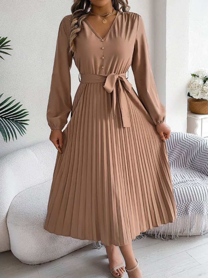 Pleated Tied V-Neck Long Sleeve Dress | Trendsi