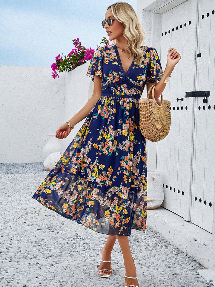 Printed V-Neck Flutter Sleeve Midi Dress | Trendsi