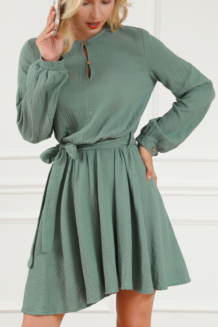 Round Neck Long Sleeve Tie Waist Dress | Trendsi