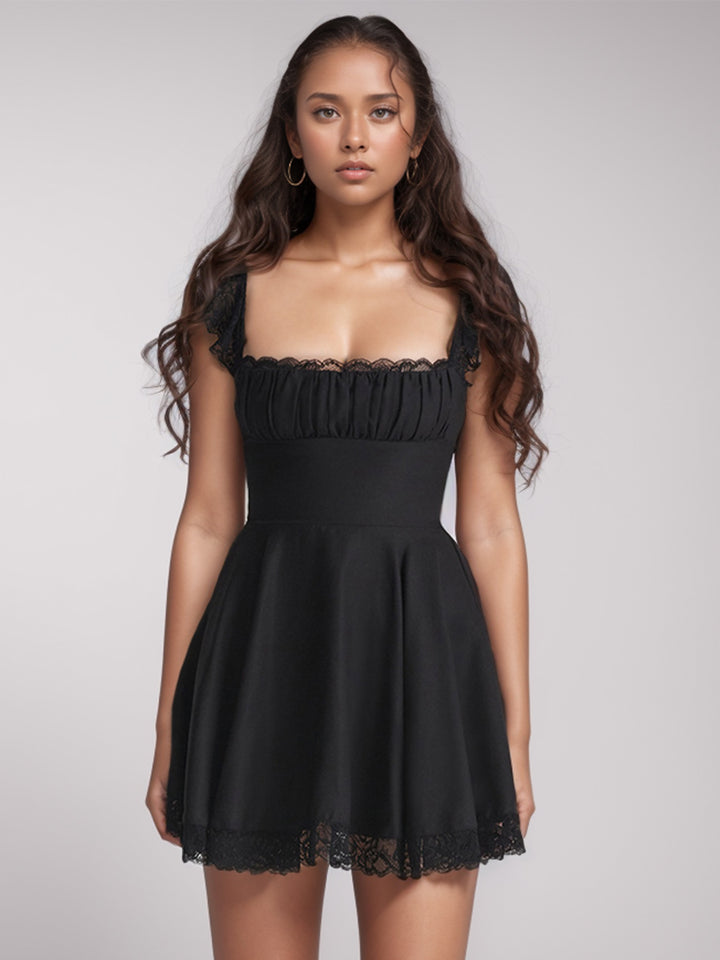 Lace Detail Square Neck Cap Sleeve Mini Dress | Trendsi