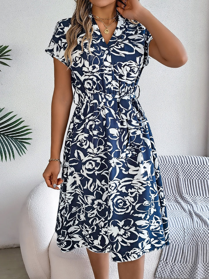 Printed V-Neck Short Sleeve Dress | Trendsi