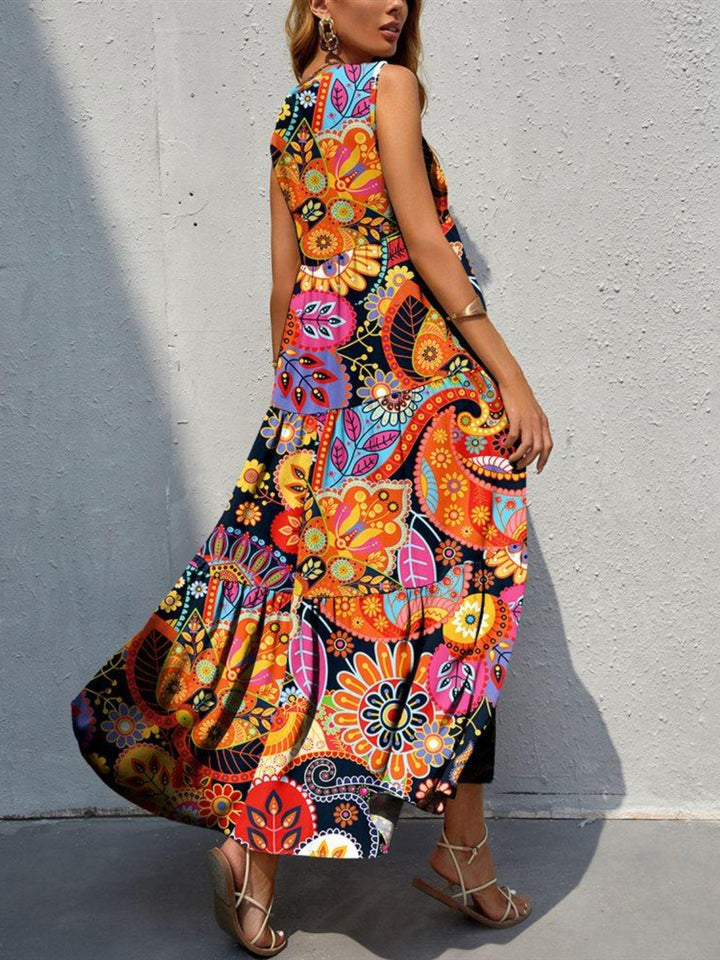 Tiered Printed V-Neck Sleeveless Dress | Trendsi