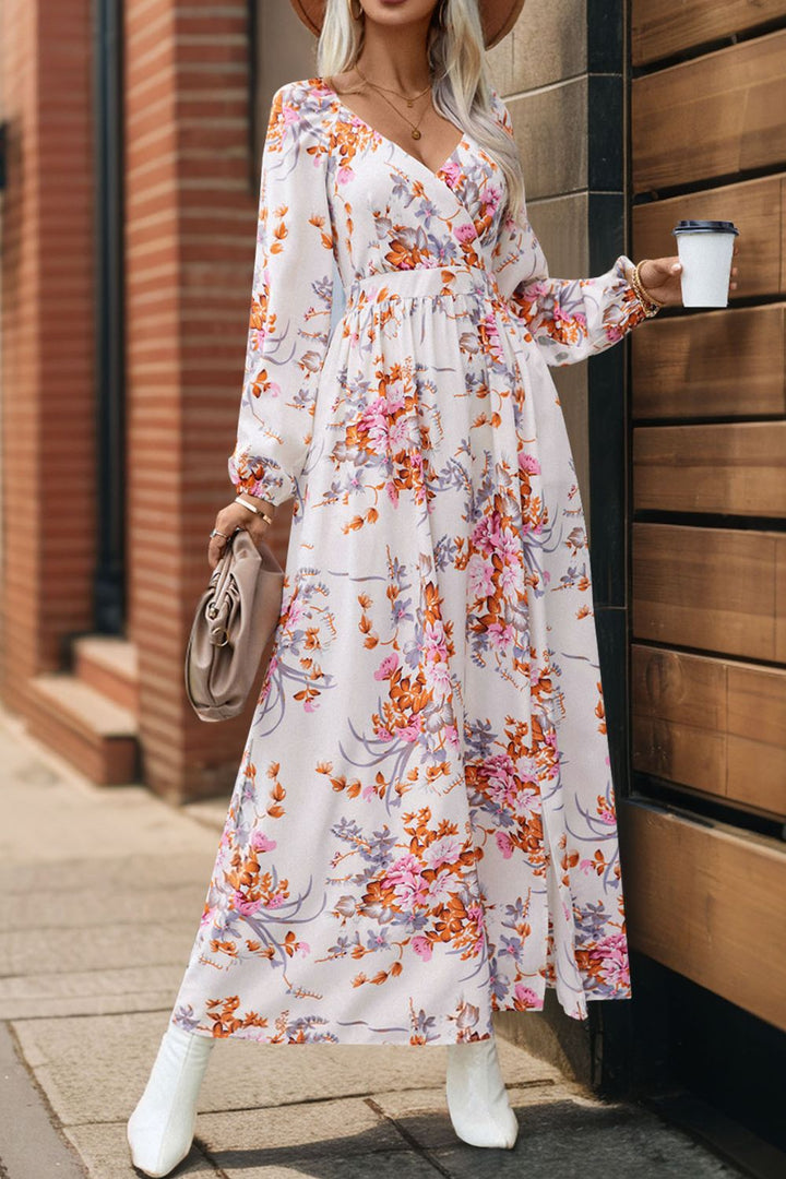 Slit Printed Surplice Long Sleeve Maxi Dress | Trendsi