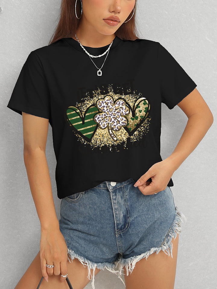 Lucky Clover Round Neck Short Sleeve T-Shirt | Trendsi