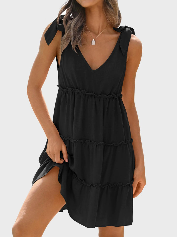 Frill V-Neck Tie Shoulder Mini Dress | Trendsi