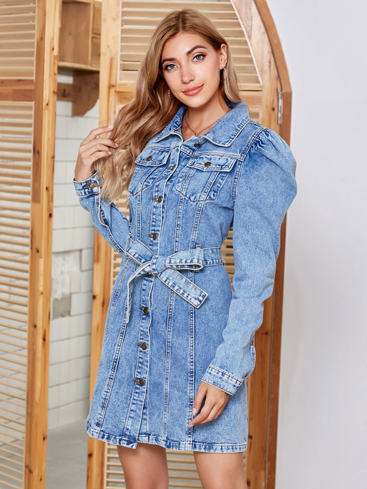 Tied Button Up Collared Neck Denim Dress | Trendsi