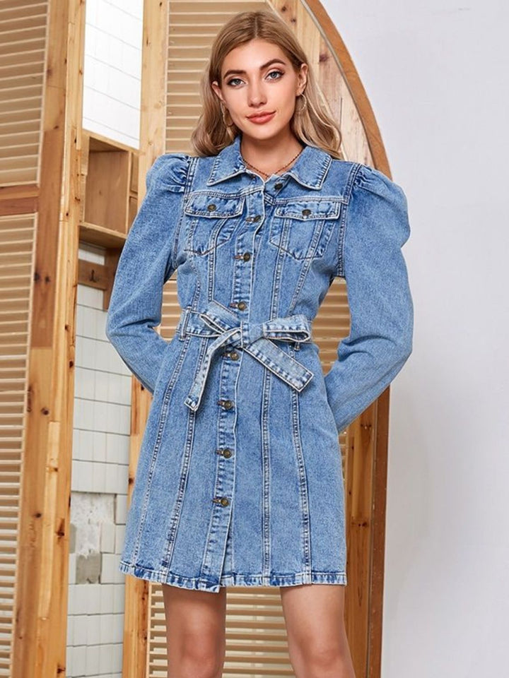 Tied Button Up Collared Neck Denim Dress | Trendsi