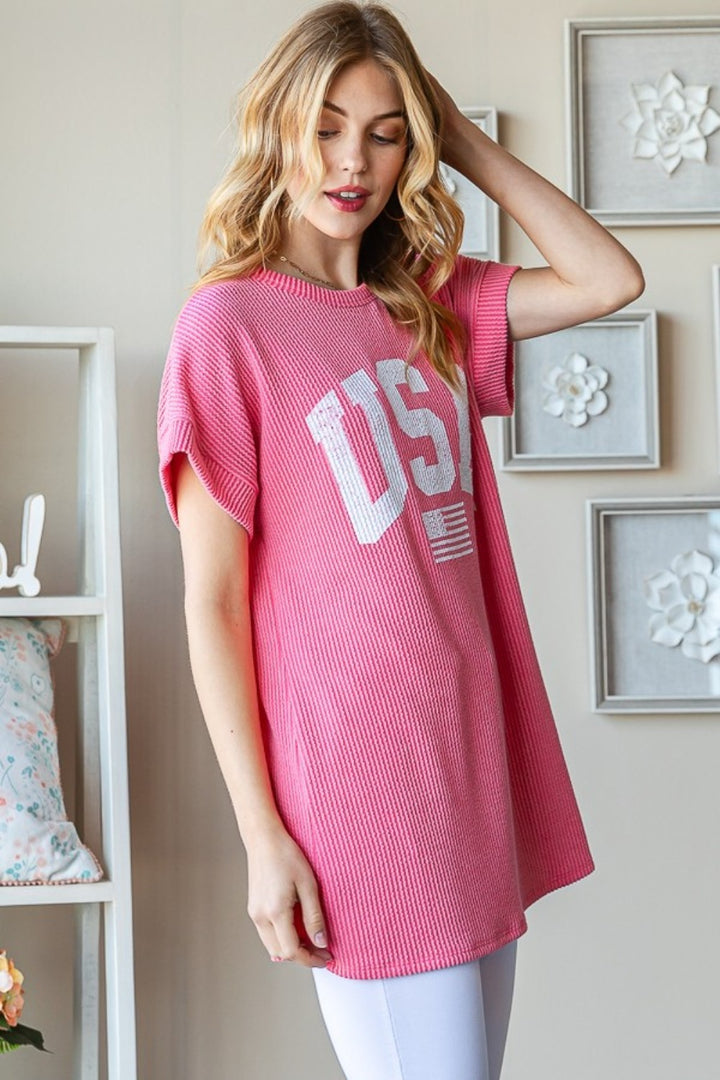 Heimish Full Size USA Graphic Short Sleeve Ribbed Top | Trendsi