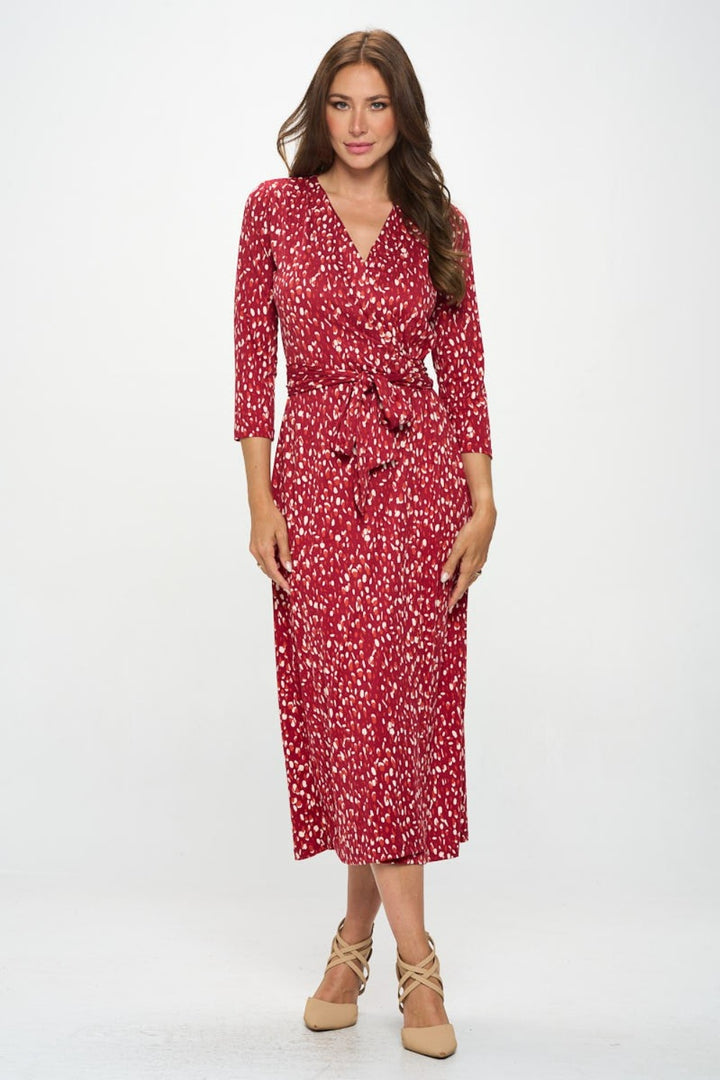 RENEE C Printed Tie Front Surplice Midi Dress | Trendsi