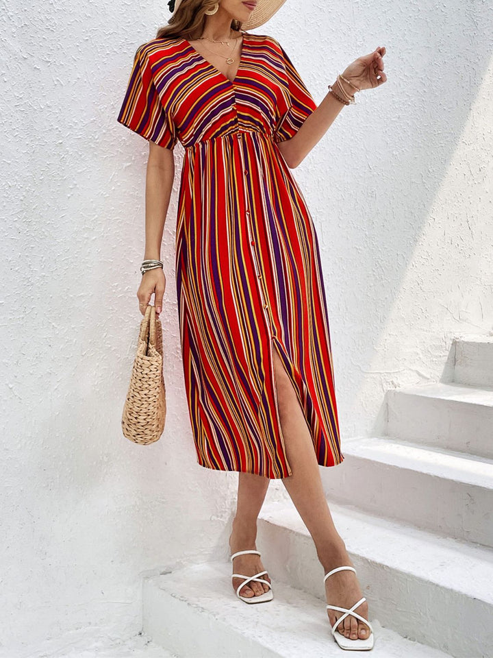 Slit Striped V-Neck Short Sleeve Midi Dress | Trendsi