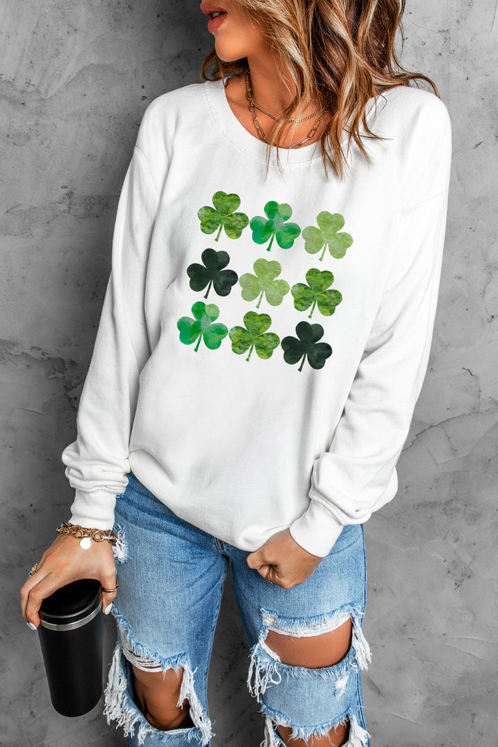 Lucky Clover Round Neck Dropped Shoulder Sweatshirt | Trendsi