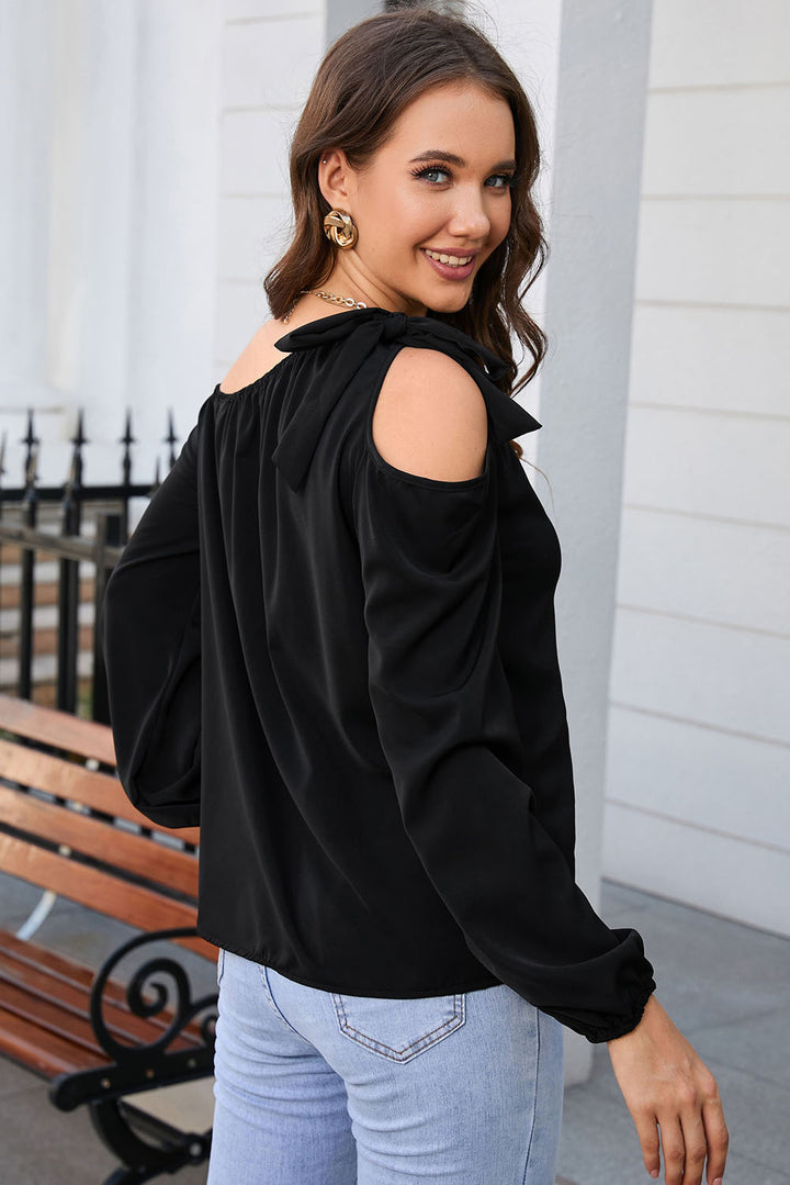 Double Take Tied Asymmetrical Neck Cold-Shoulder Blouse | Trendsi