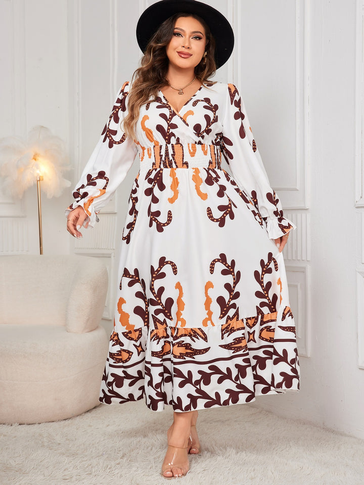 Plus Size Printed Surplice Flounce Sleeve Dress | Trendsi