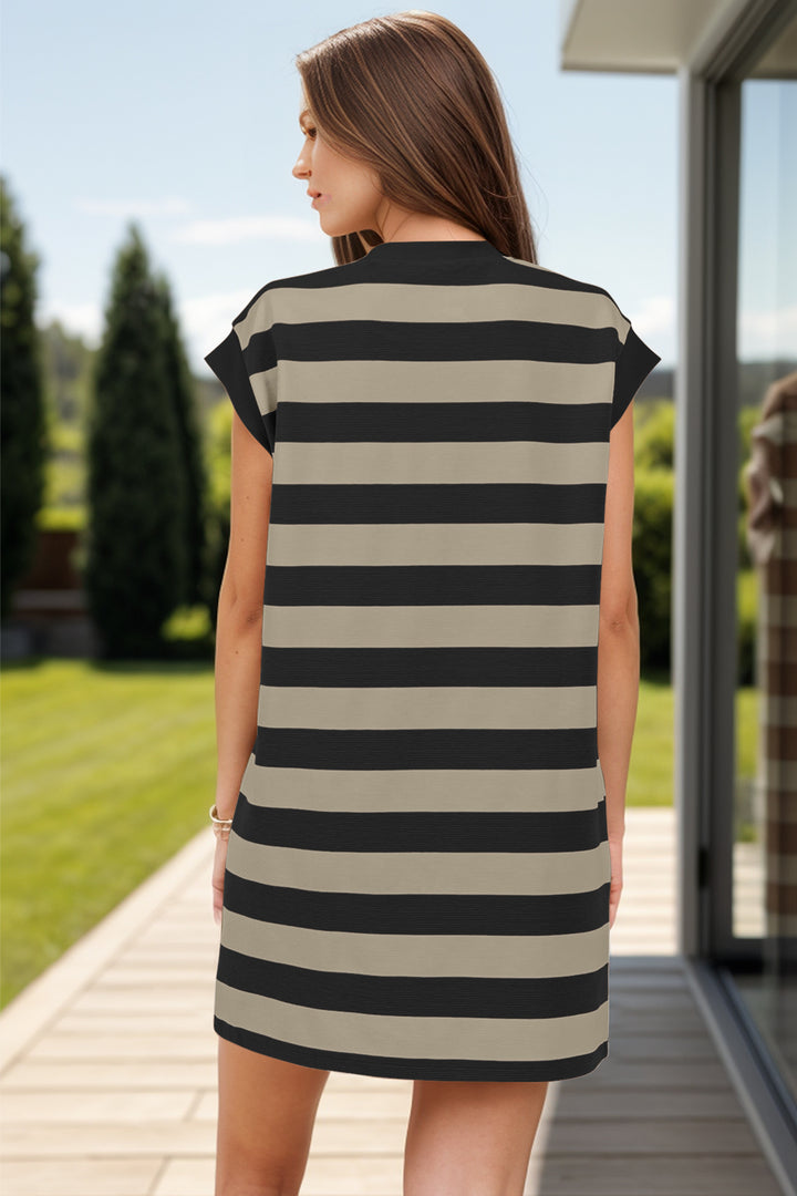 Striped Round Neck Cap Sleeve Mini Dress | Trendsi