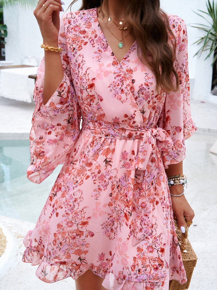 Ruffled Printed Surplice Half Sleeve Mini Dress | Trendsi