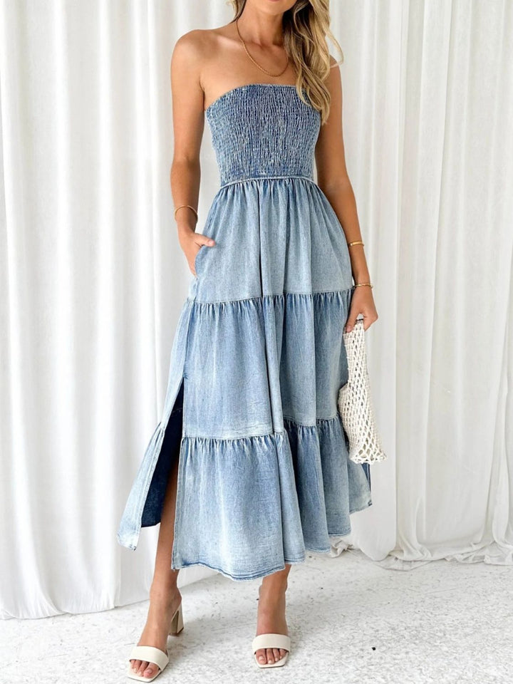 Slit Smocked Tube Tiered Denim Dress | Trendsi