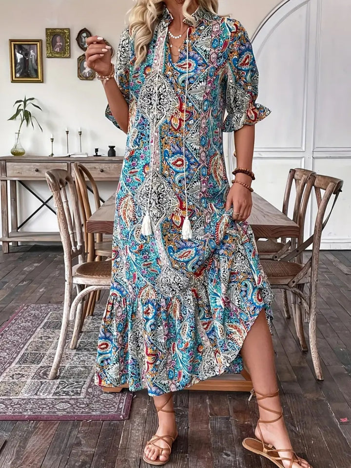 Printed Tie Neck Flounce Sleeve Midi Dress | Trendsi