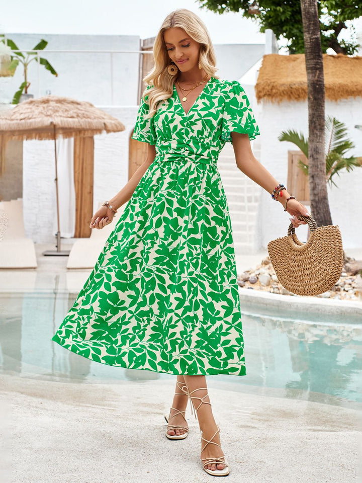 Printed Surplice Short Sleeve Midi Dress | Trendsi