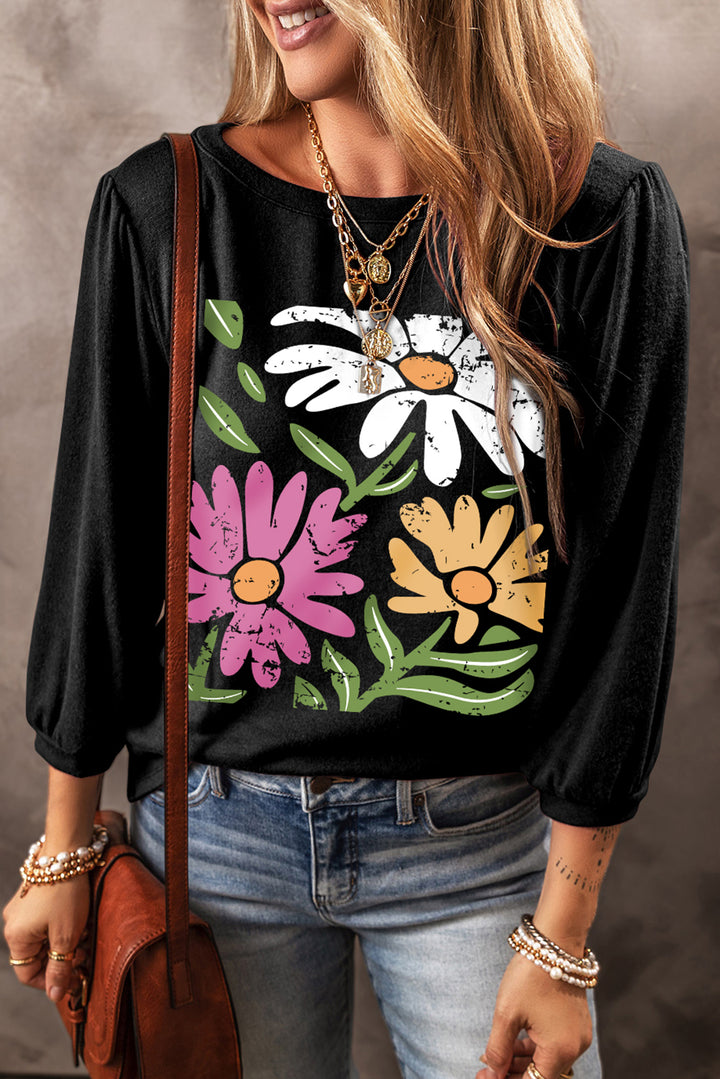 Flower Graphic Round Neck Long Sleeve Top | Trendsi