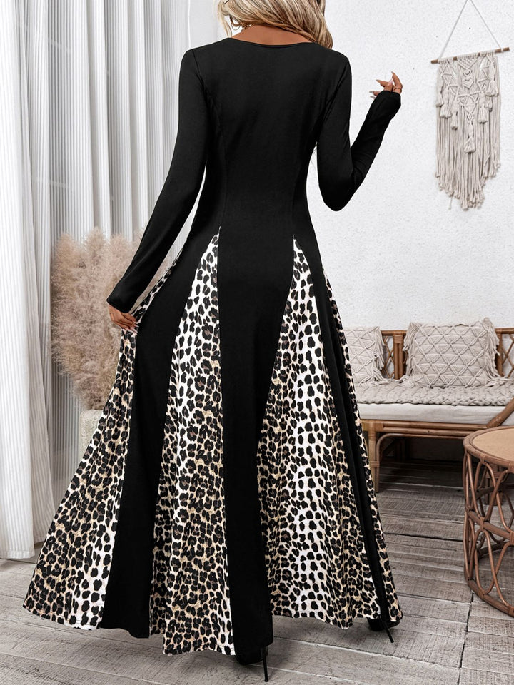 Perfee Leopard Square Neck Long Sleeve Maxi Dress | Trendsi