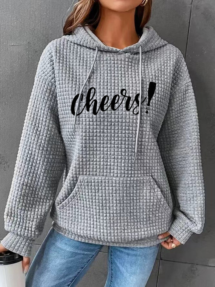 Full Size CHEERS Waffle-Knit Drawstring Hoodie | Trendsi