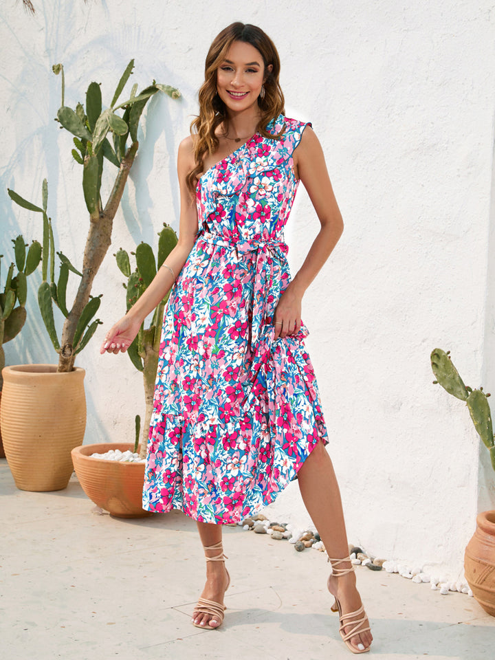 Ruffled Printed One Shoulder Midi Dress | Trendsi