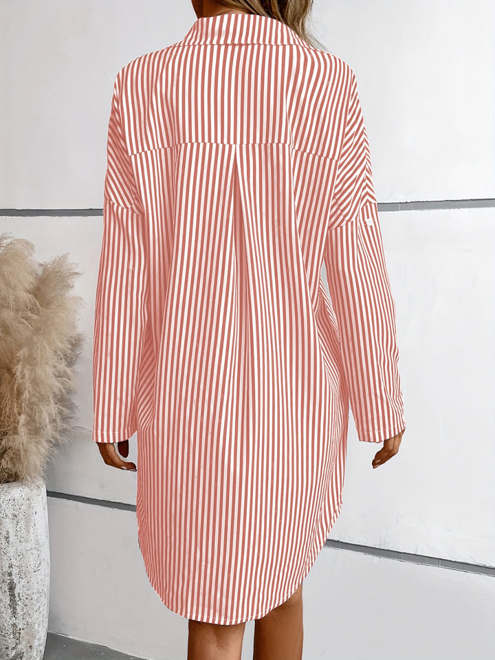 Striped Button Up Long Sleeve Mini Shirt Dress | Trendsi