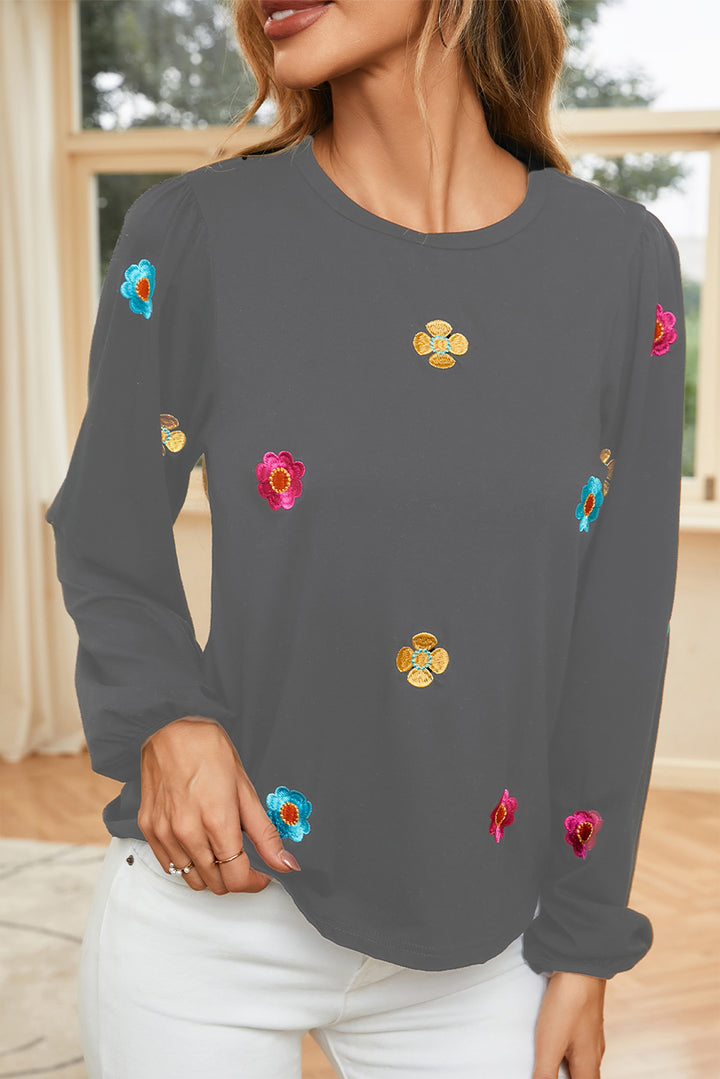 Flower Round Neck Balloon Sleeve Blouse | Trendsi