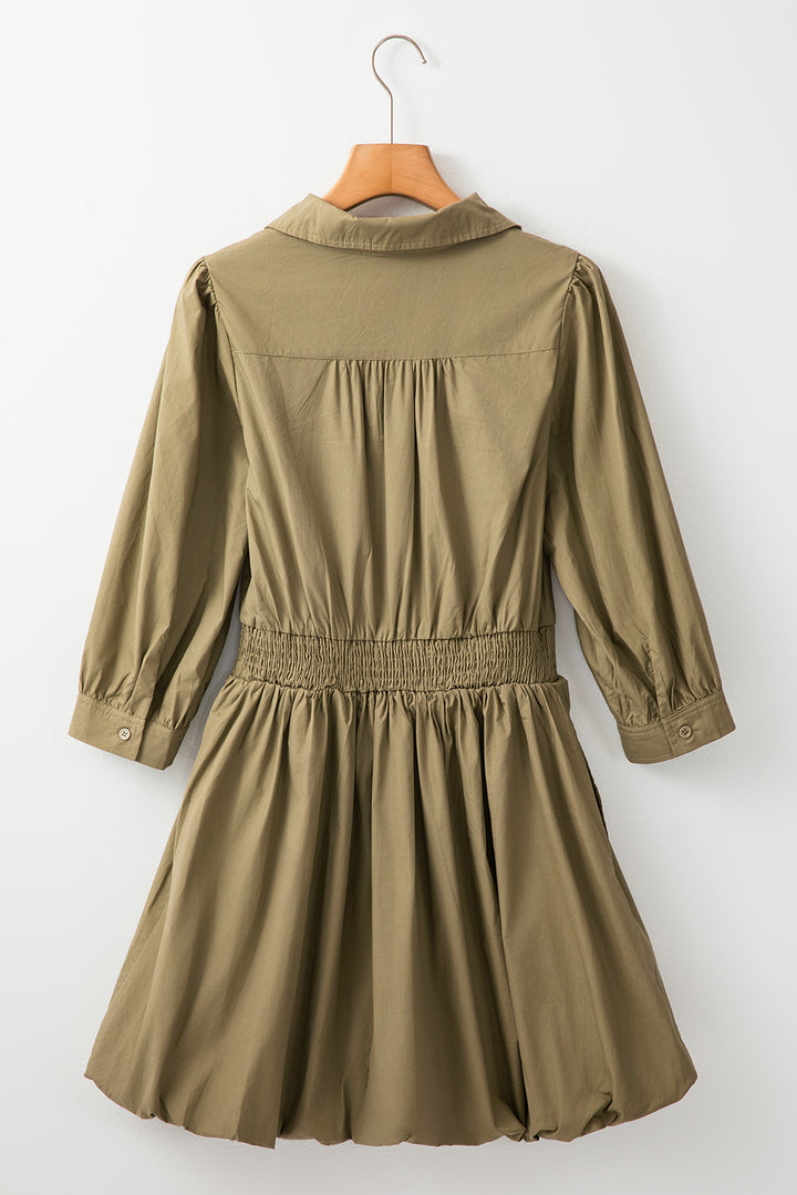 Smocked Johnny Collar Three-Quarter Sleeve Mini Dress | Trendsi