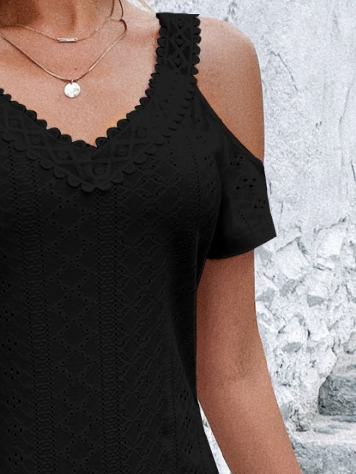 Eyelet V-Neck Cold Shoulder Mini Dress | Trendsi